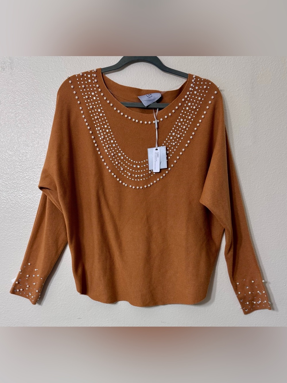 NWT LIV Milano Golden Spice Pearl Rhinestone Sweater L